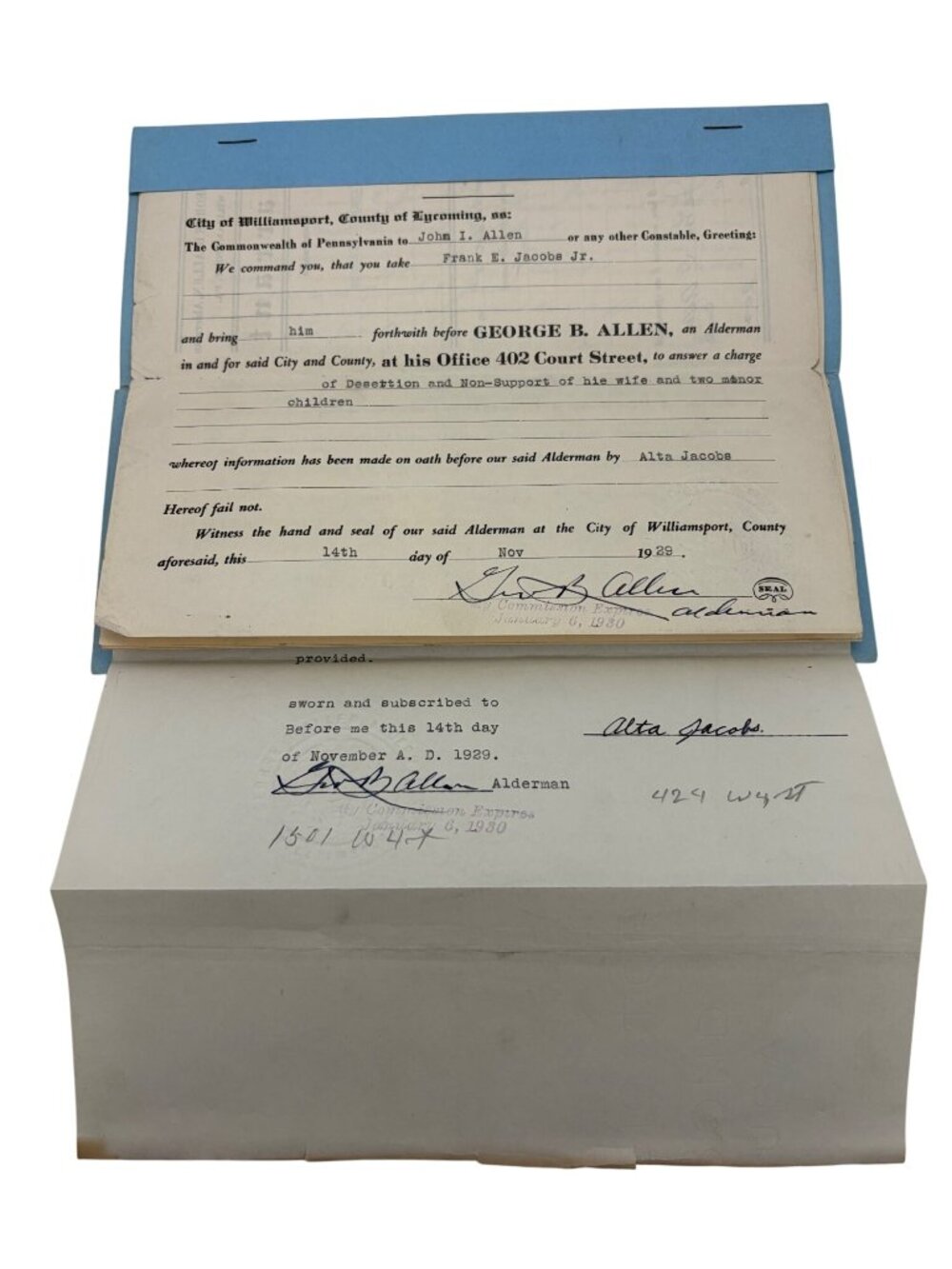 1929 PA Court Case File Desertion Non Support Nolle Prosequi Jacobs Lycoming - Picture 7 of 9